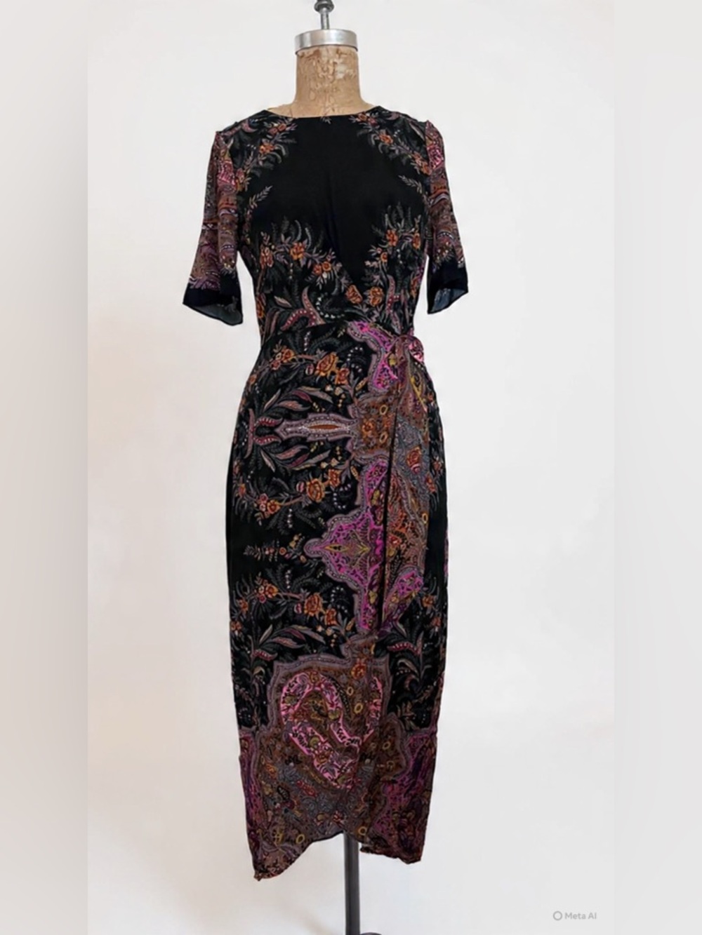 Kobi Halperin Black Paisley-Print Midi Dress with Pink and Gold Accents - Picture 2 of 7